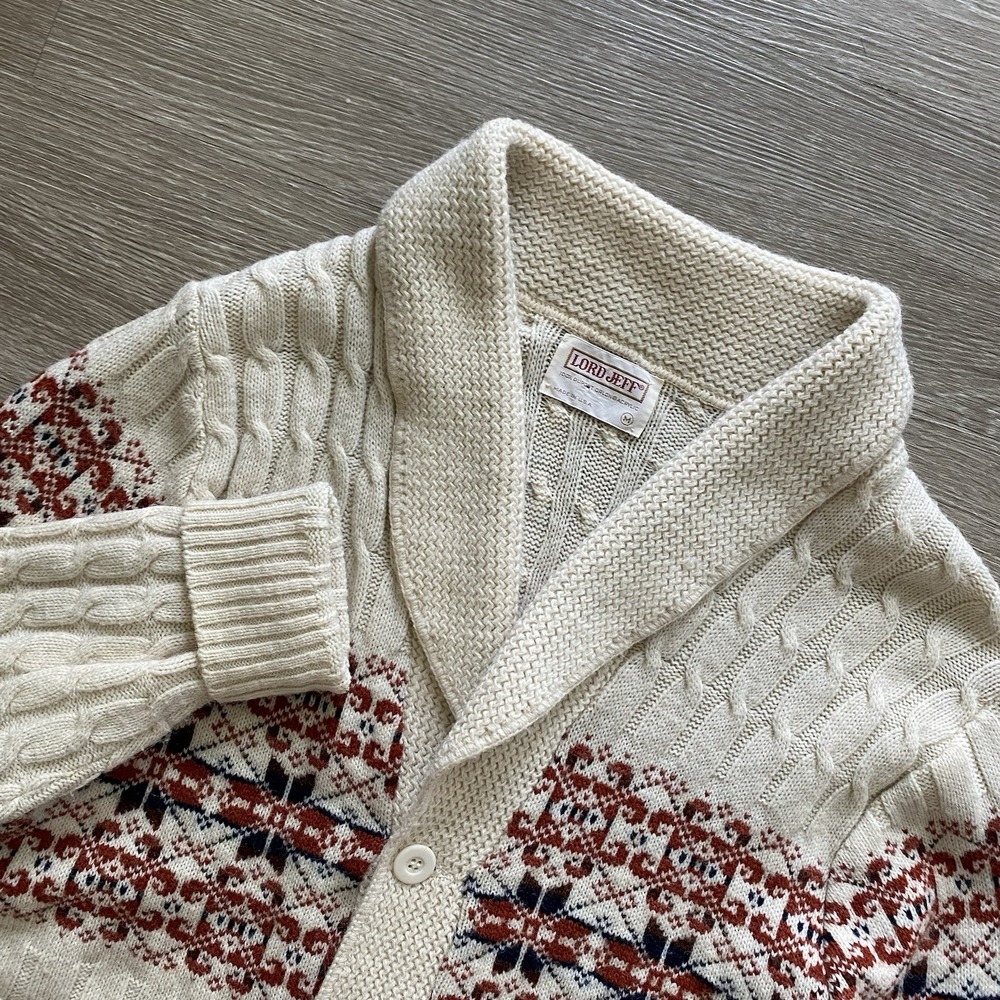 Vintage 70s Lord Jeff Aztec Shawl Collar Cardigan Sweater Men's M Cream USA Made